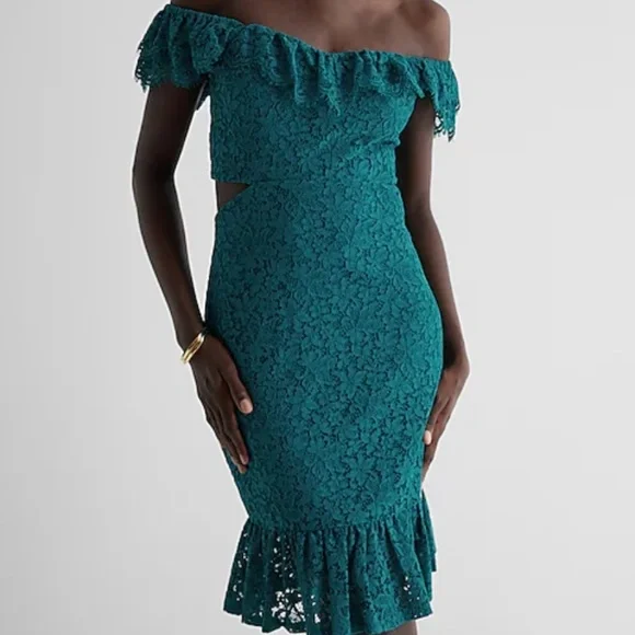 Express | Dresses | Express Lace Ruffle Overlay Cutout Mini Sheath Dress |  Poshmark
